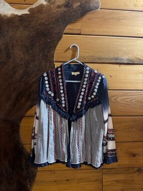 Embroidered Fringe Cape Jacket in Navy & Cream by RUBYYAYA